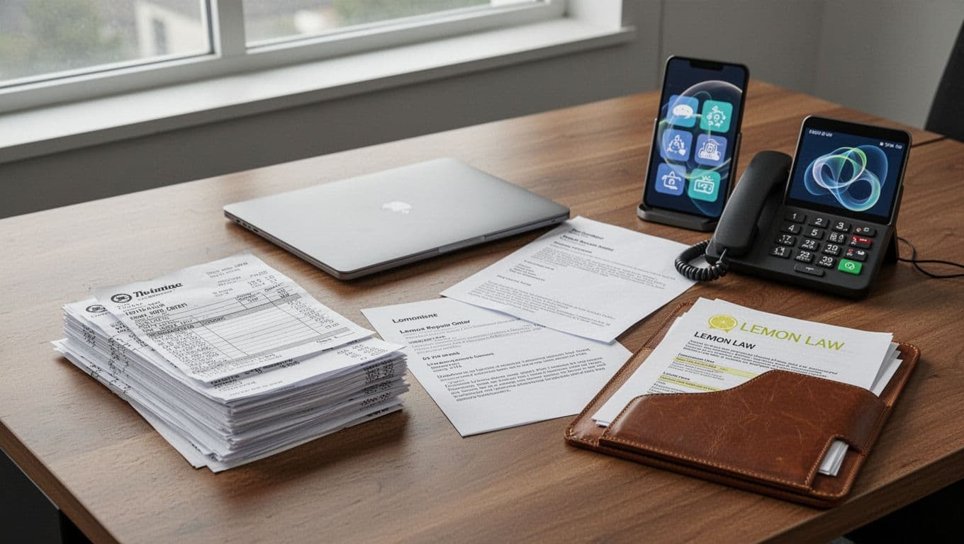 Landscape still life of a wooden office desk featuring an organized stack of vehicle repair orders and service receipts, closed laptop, printed emails beside a phone with abstract calendar icons, and a leather folder with lemon law documents, under soft window lighting.