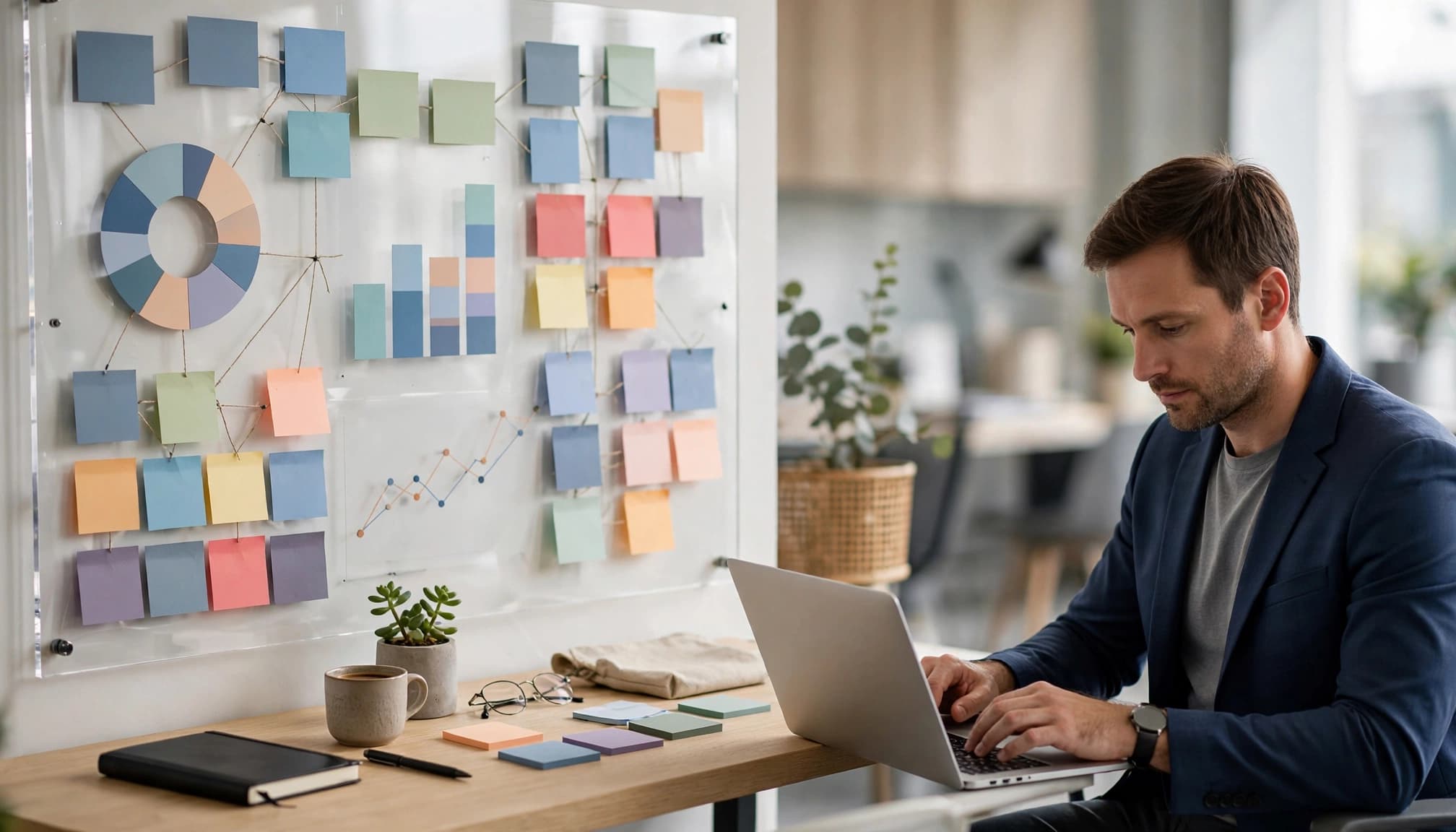 A manager reviews a laptop beside a colorful project planning board.