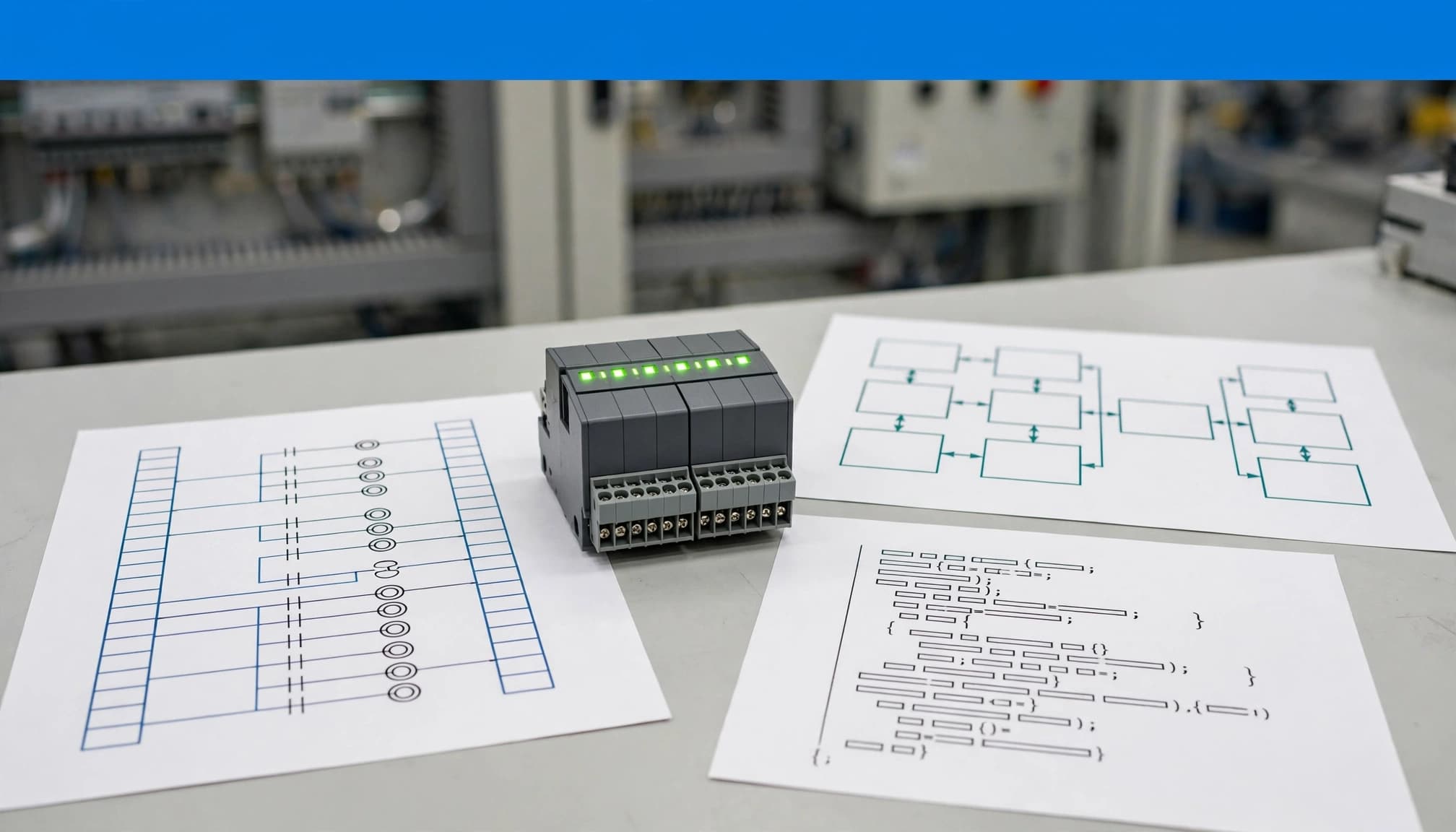 A compact controller sits beside three abstract programming representations on a training bench.