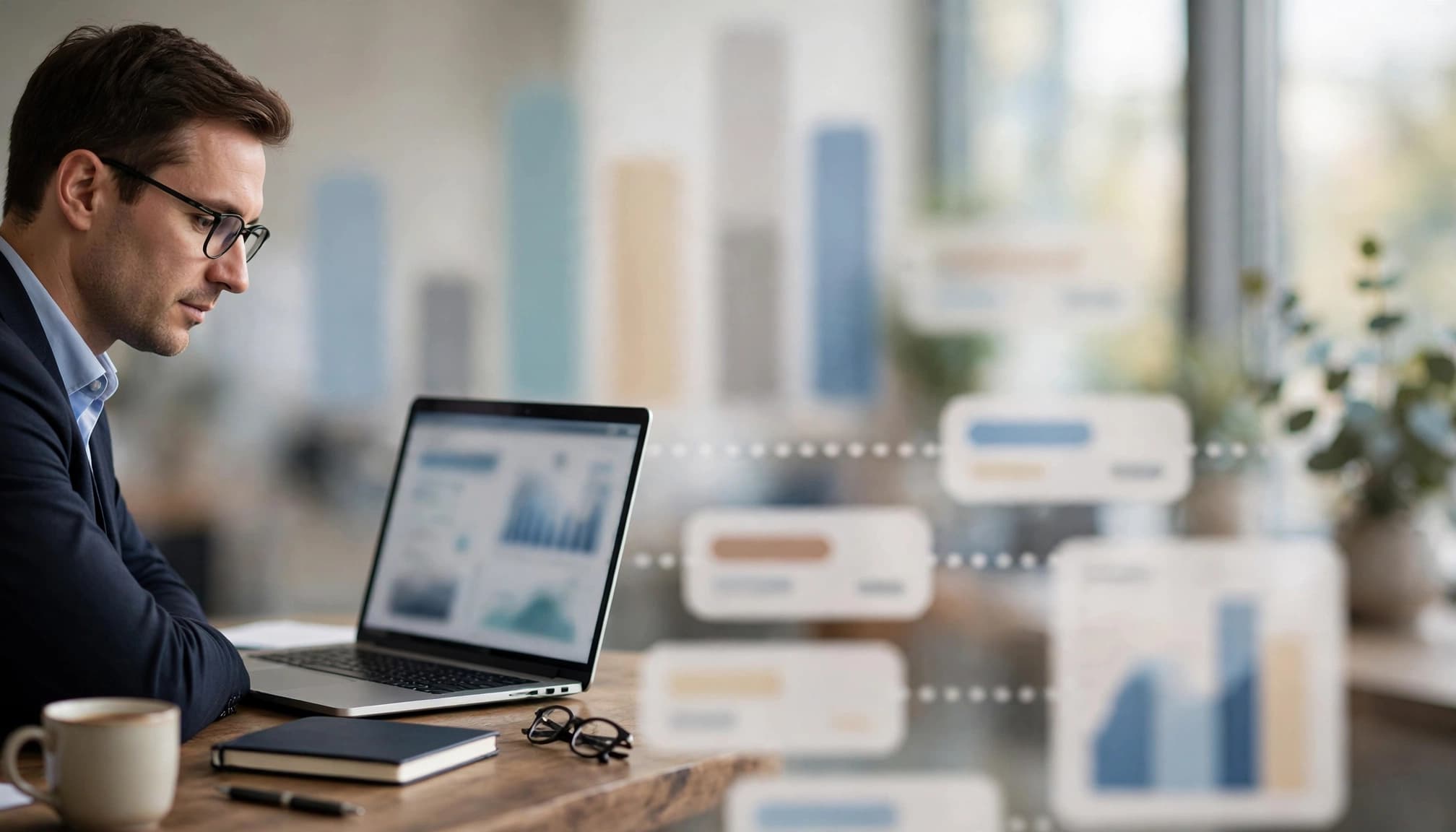 A finance lead reviews a laptop with blurred business charts and timeline cards behind them.