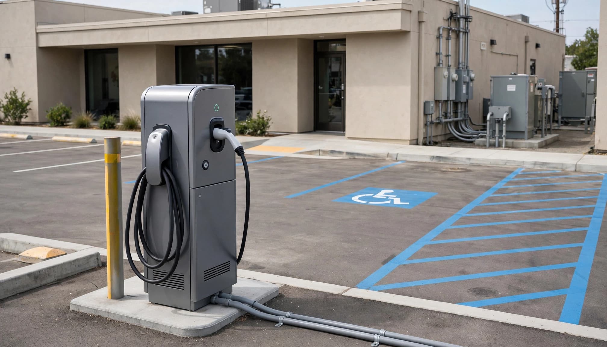 An EV charger beside accessible parking and utility equipment outside a small commercial building.