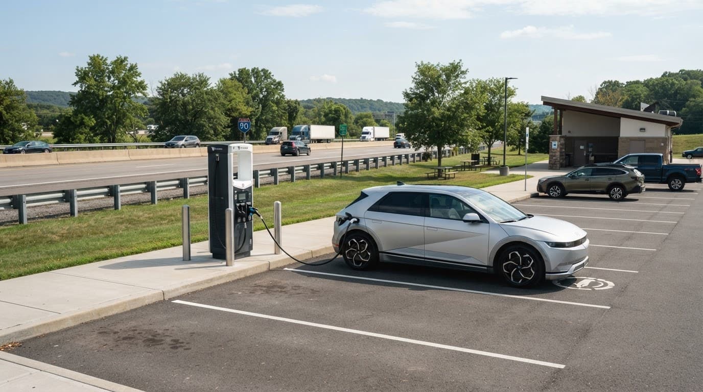 An electric vehicle charging beside a highway rest area.