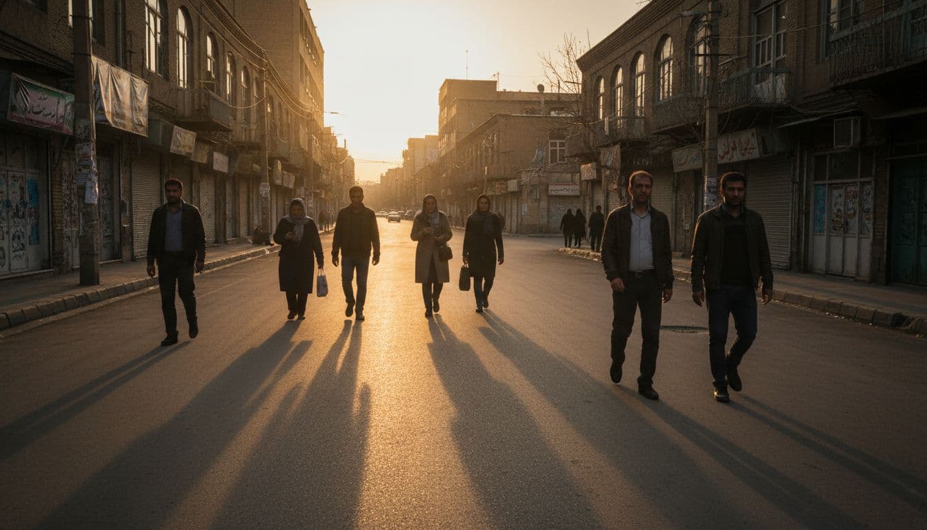 Wide view of a quiet Iranian city street at dusk, featuring exactly five ordinary civilians walking purposefully, some holding phones discreetly, with buildings bearing faded posters, capturing a tense yet hopeful atmosphere in realistic street photography style under warm dusk lighting.