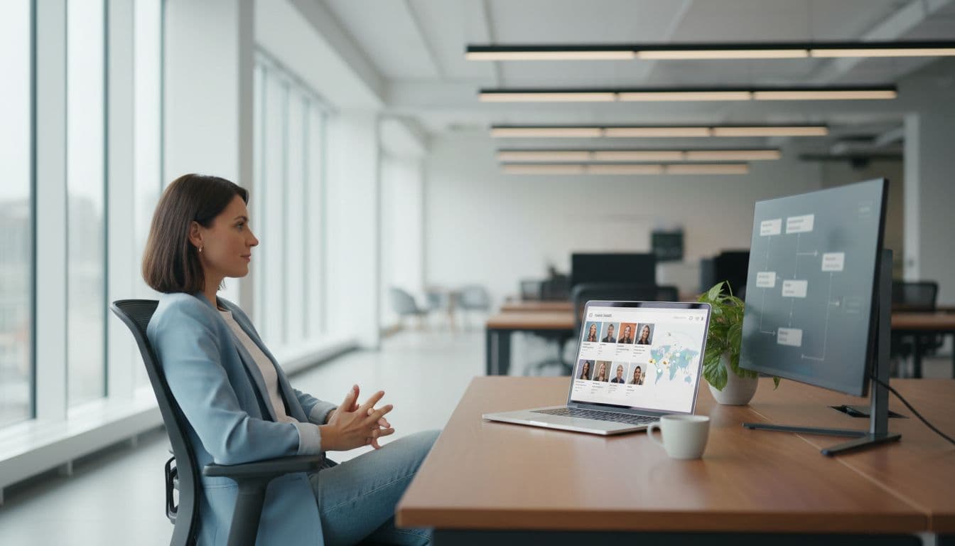 A relaxed recruiter in a bright modern office sits at a desk with a laptop open to a talent search dashboard showing profiles and maps, and a second screen displaying automated email sequences, under natural window light.
