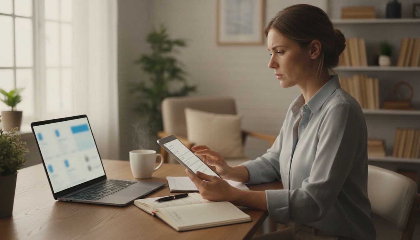 A focused recruiter reviews a checklist on a tablet next to a laptop showing recruiting software demos in a cozy home office with soft natural light.