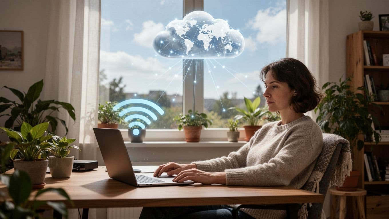 A single person sits relaxed at a home desk with an open laptop, subtle WiFi signals connecting to a global network cloud icon in the sky. Cozy background features plants, window view, photorealistic style with natural daylight and calm mood.
