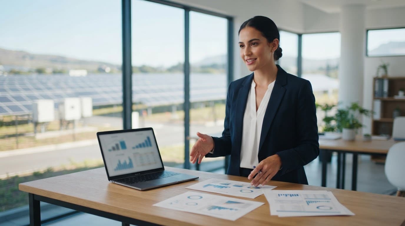 A professional presents charts and a laptop at a desk overlooking a solar farm.