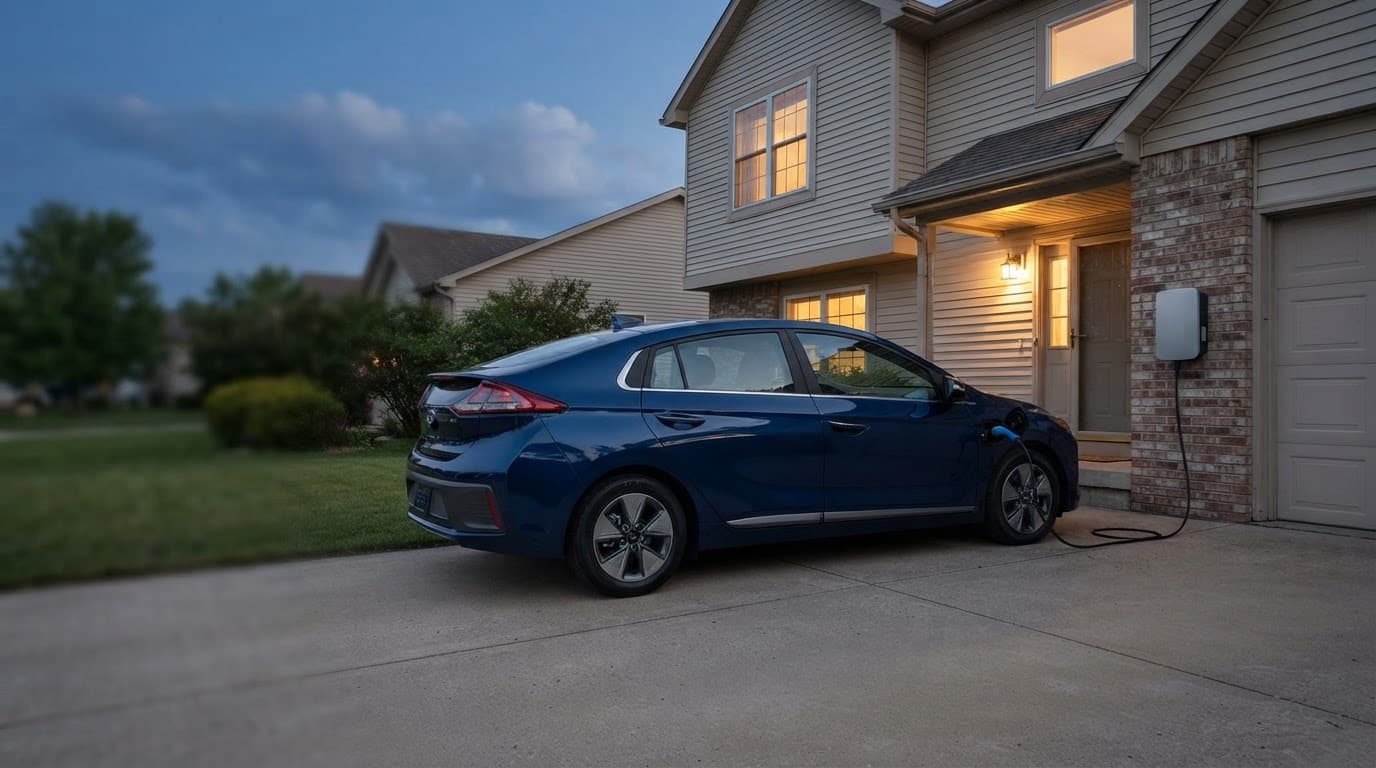 An electric vehicle charges beside a suburban home at dusk.