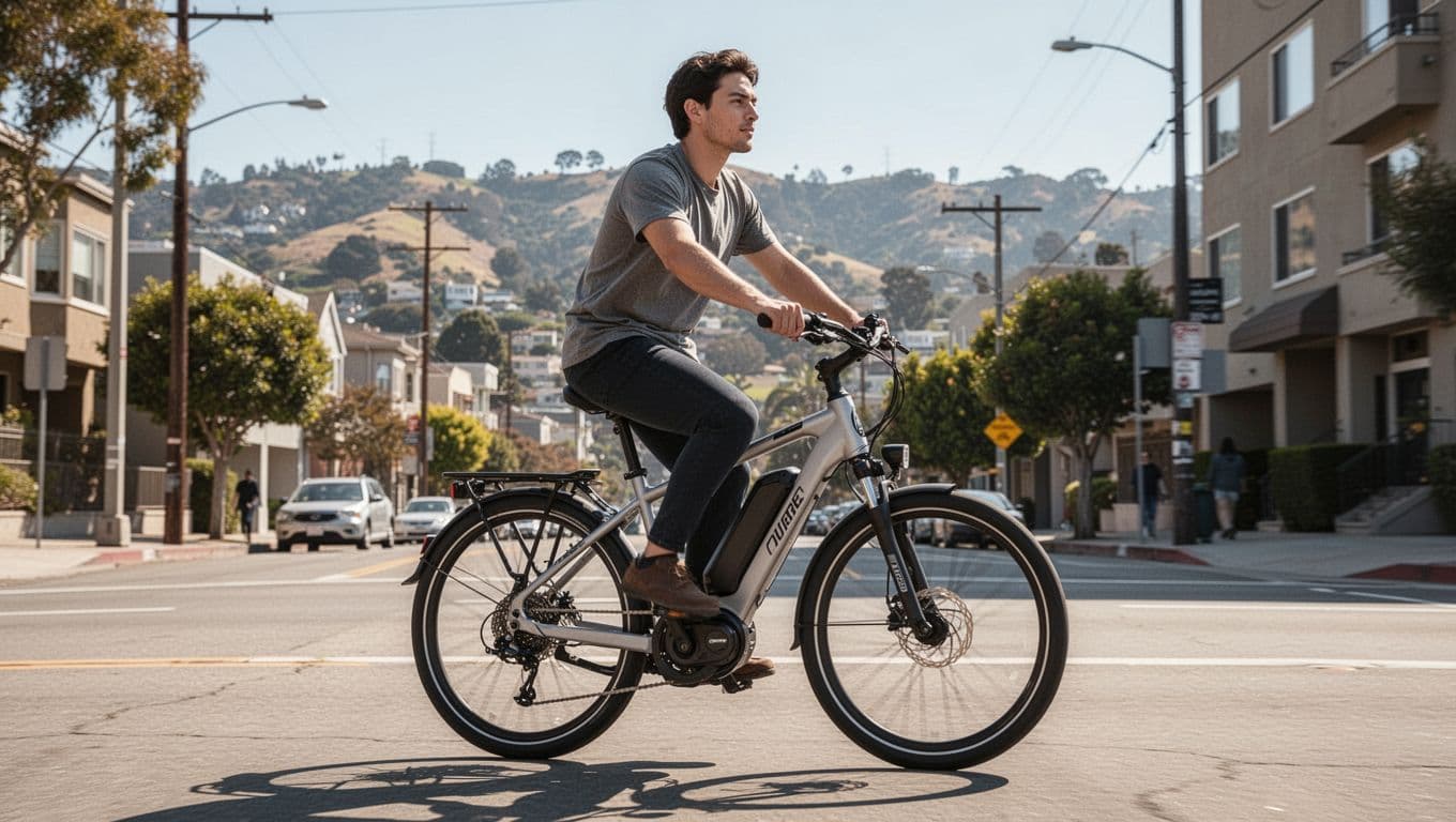 A rider confidently pedals a pedal-assist electric bike on a sunny urban street featuring moderate hills in the background, with the bike's motor and pedals clearly visible in the foreground under natural daylight.