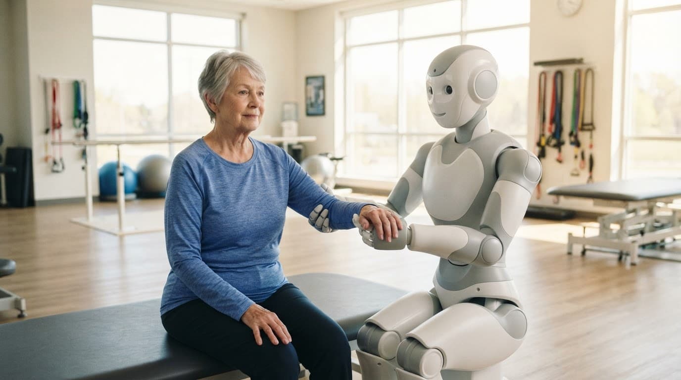 A rehabilitation robot supports an older adult's arm in a bright therapy clinic.
