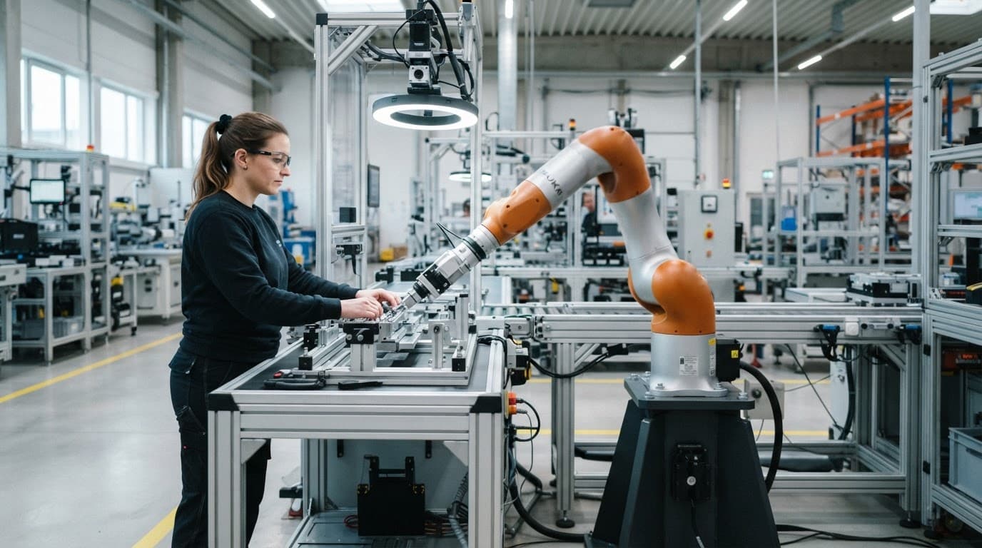 A robotic arm works beside a human operator on a clean factory production line.