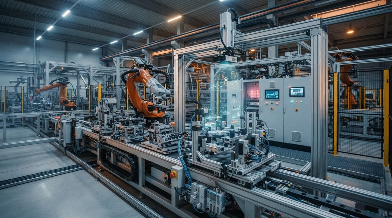 Robots and sensors monitor a clean factory production line.