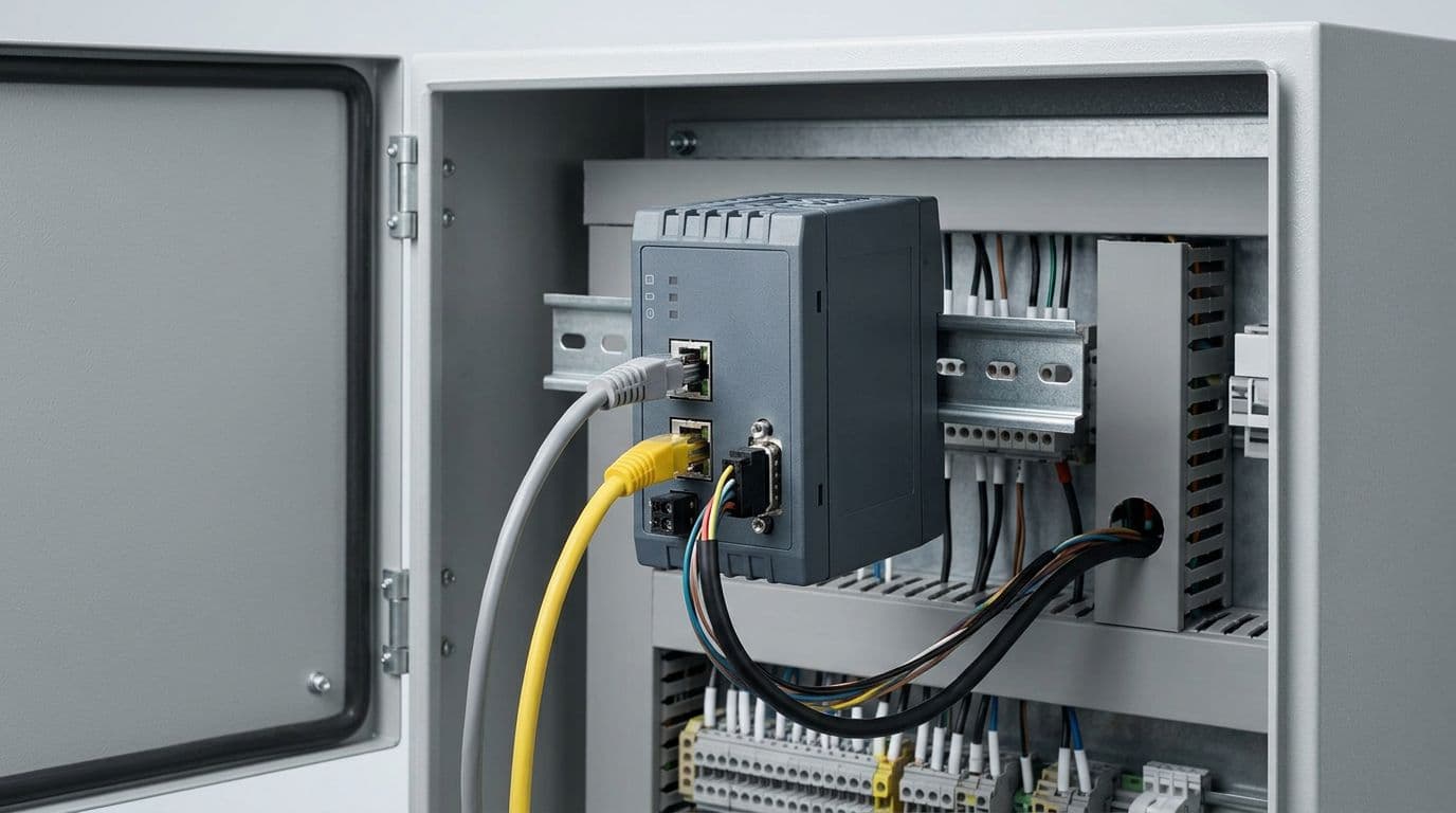 A rugged compact industrial IoT gateway device resembling the Siemens IoT2040 is mounted inside an open gray metal control panel cabinet, with Ethernet cables and serial wires plugged into its visible front ports including two RJ45 Ethernet and serial connectors. Technical product photography style features bright even workshop lighting, high detail, and clean composition with no text, labels, logos, or additional elements.