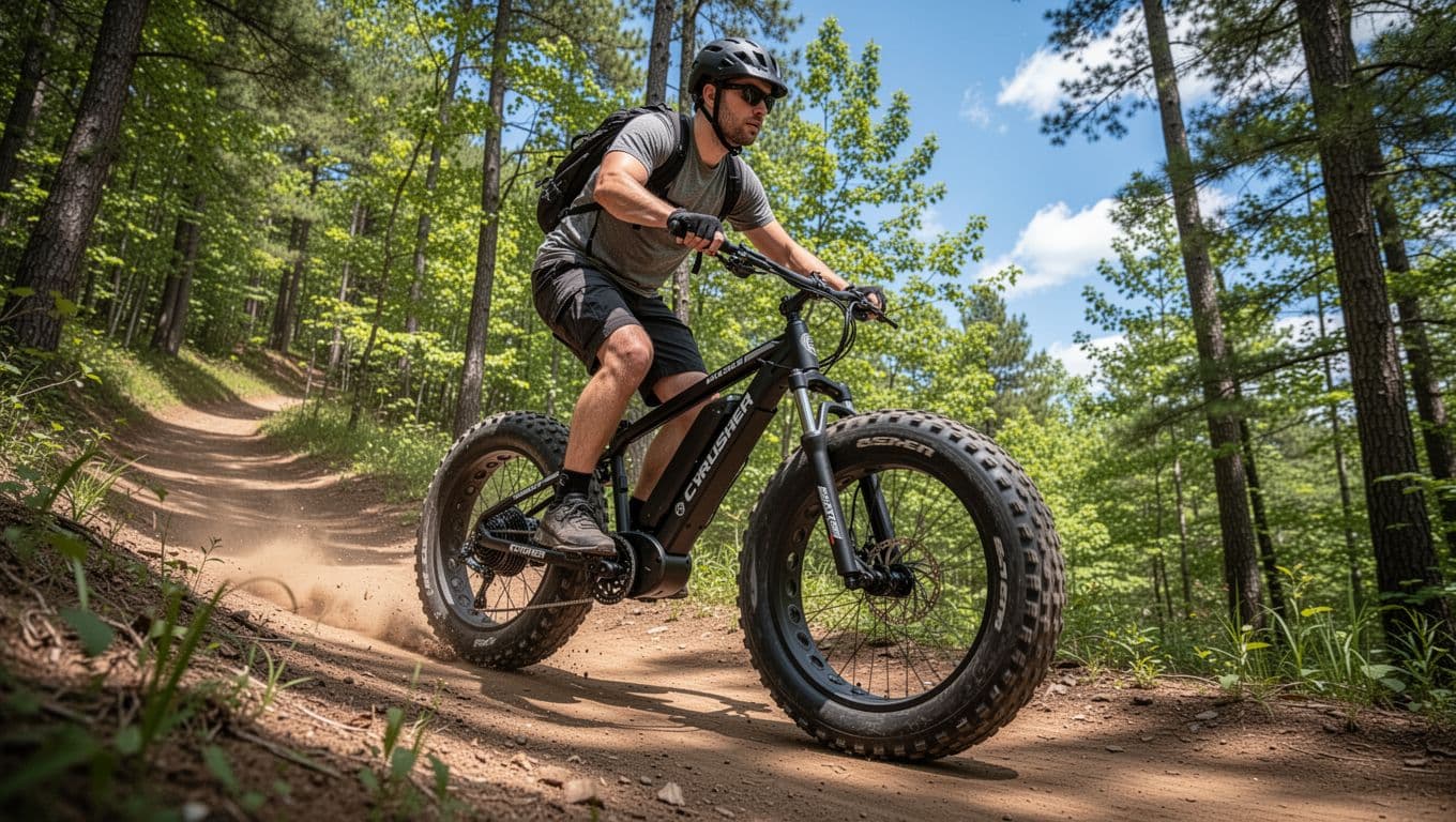 A rugged fat-tire electric bike with full suspension and wide 4-inch tires grips an uneven dirt trail in a forested area during daytime, as the rider in casual gear leans forward on a hill climb. Natural lighting with dappled shadows highlights the detailed bike frame, powerful rear motor hub, green trees, and blue sky in the background.