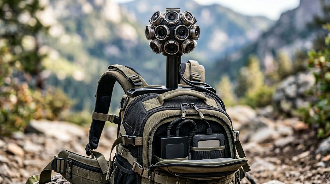 Detailed close-up of a rugged Trekker backpack system featuring a tall pole frame supporting 15 small camera lenses for 360-degree coverage, with visible backpack straps, battery pack, and hard drive compartment on a neutral outdoor blurred background.