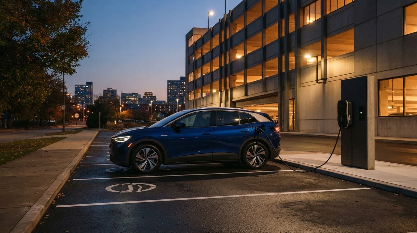 An electric vehicle charges beside a city parking garage at dusk.