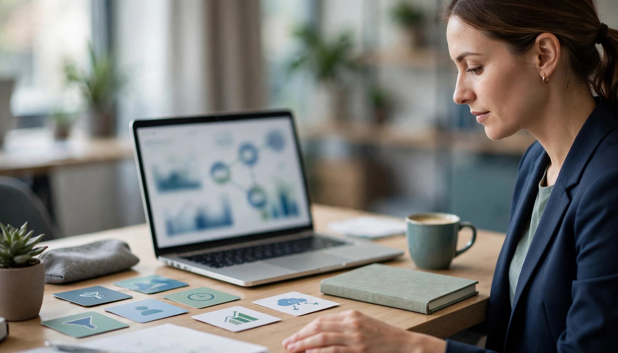Manager reviewing a sales workflow on a laptop beside a notebook and coffee.