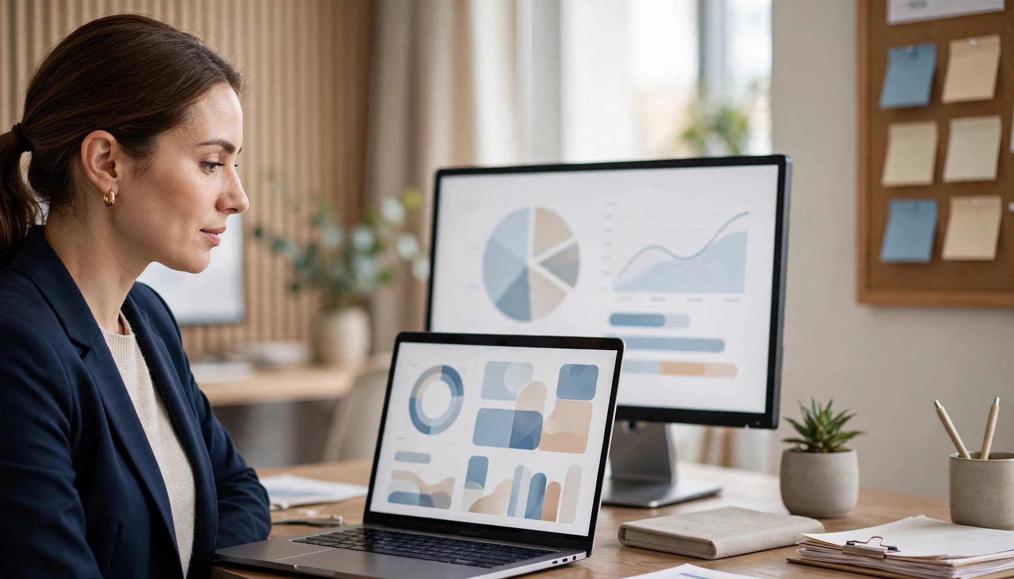 A professional reviews a CRM dashboard on a laptop beside charts and organized notes.