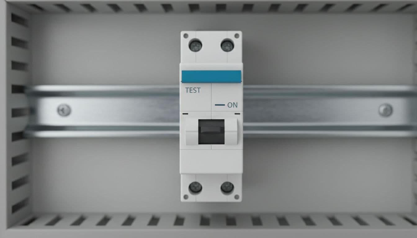 Realistic close-up photo of a single Schneider Acti9 Resi9 RCBO device mounted on a DIN rail in a residential electrical panel, highlighting its slim 18mm width, test button, and toggle switch in a clean professional setup.