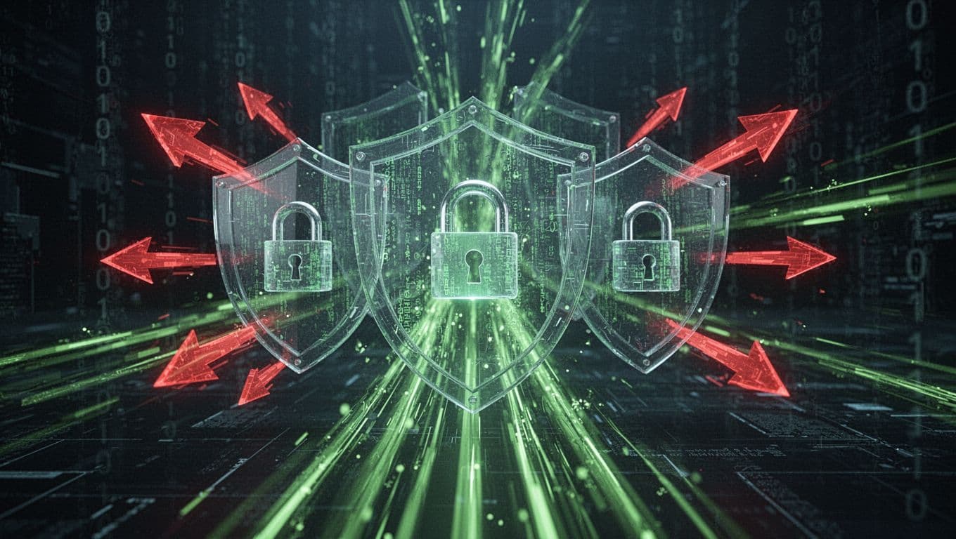 Abstract digital landscape illustration depicting glowing green data streams flowing through layered transparent shields and padlock icons, protected from red threat arrows on a dark futuristic background with binary code patterns.