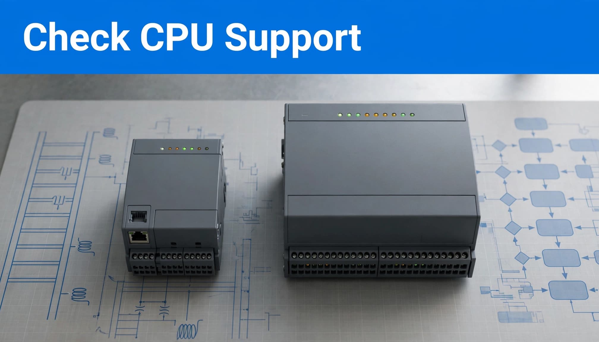 Two compact PLC controllers sit side by side beneath a blue headline strip.