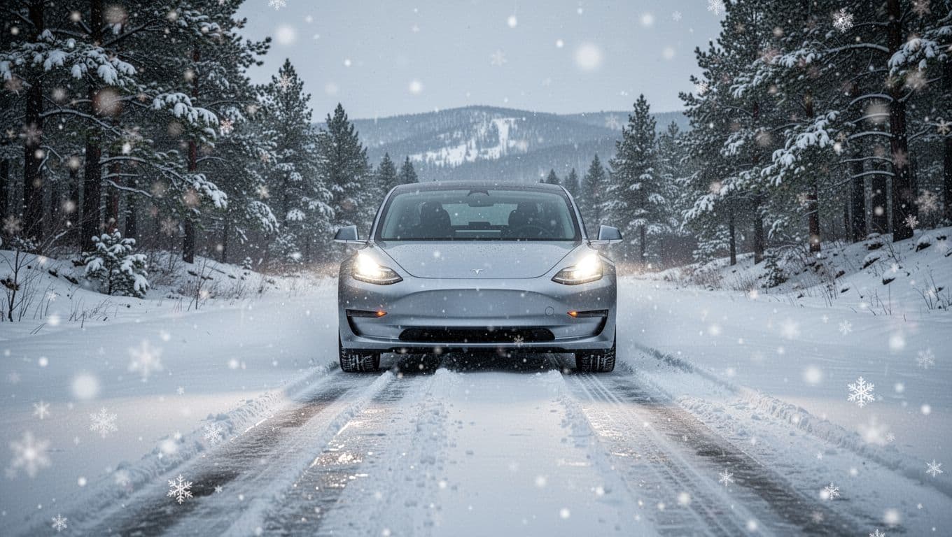 A silver Tesla Model 3 drives slowly along a rural road blanketed in fresh snow, flanked by pine trees under light snowfall, headlights cutting through dim winter light.