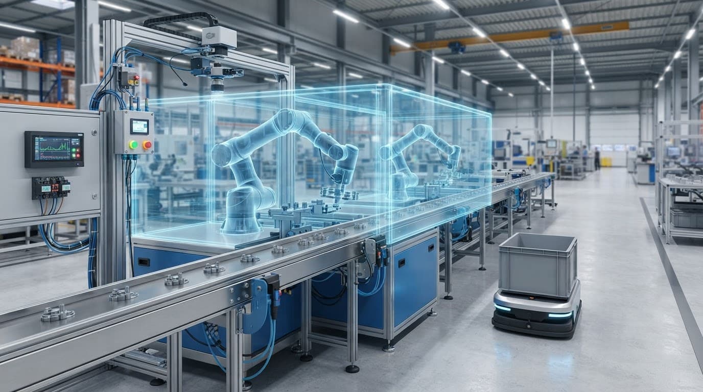 A robotic factory line with a translucent digital twin, mobile cart, sensors, and energy monitors.