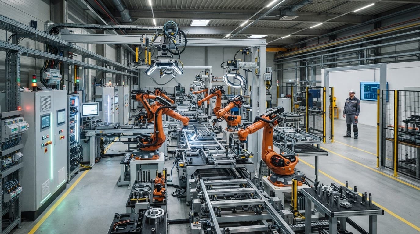 Robotic arms and conveyors operate inside a modern factory with one distant worker.