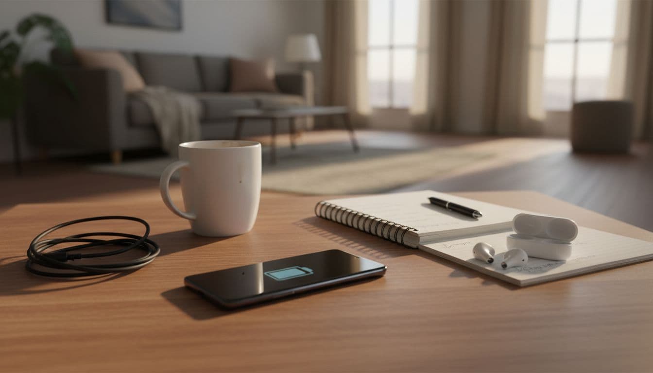 A modern smartphone rests on a wooden desk in a cozy living room, screen off with a full battery icon subtly reflected, surrounded by a coffee mug, notebook, and wireless earbuds to illustrate all-day use without charging.