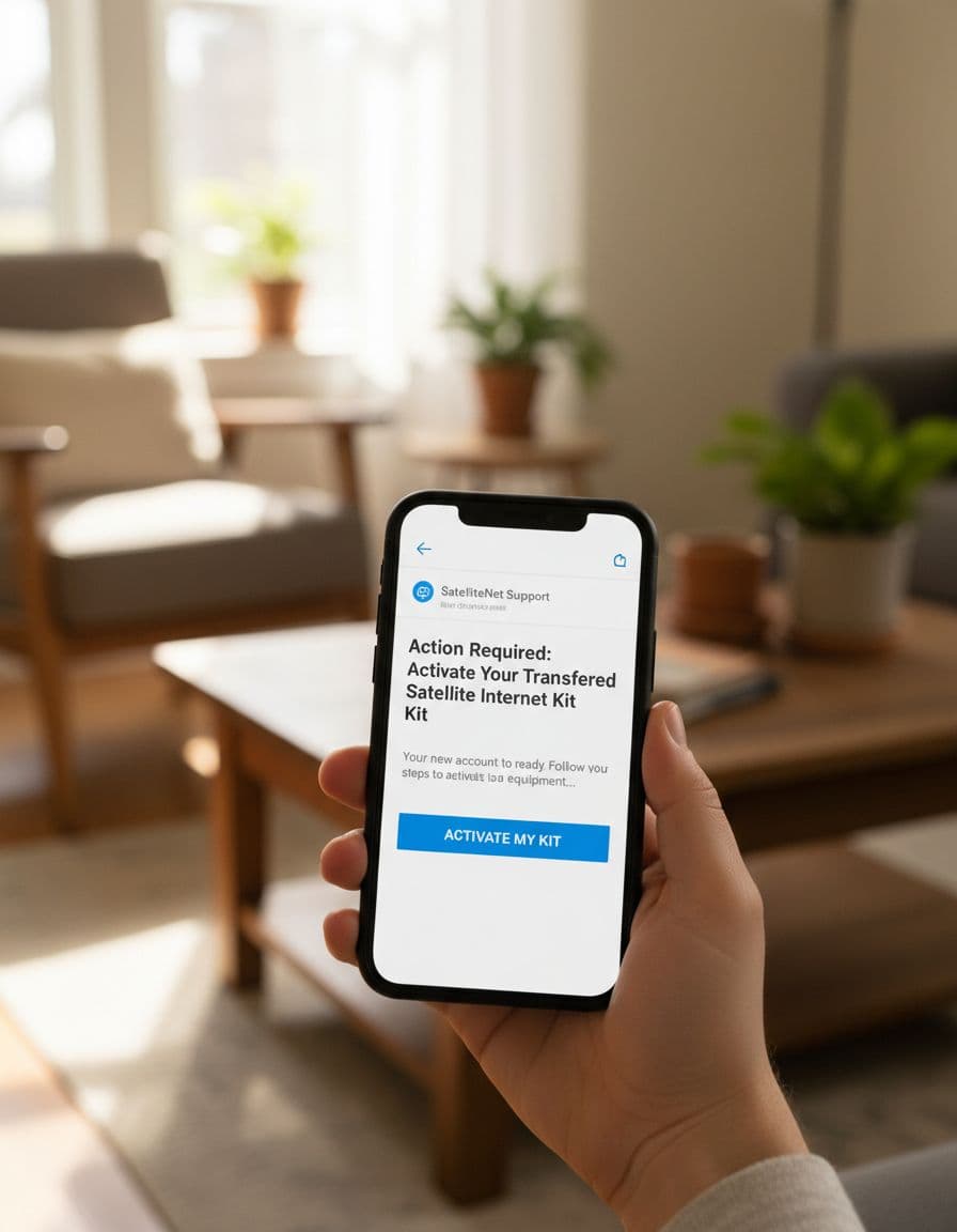 A smartphone held loosely in two hands on a table shows a notification email about activating a transferred satellite internet kit, with a blurred living room background and natural daylight.
