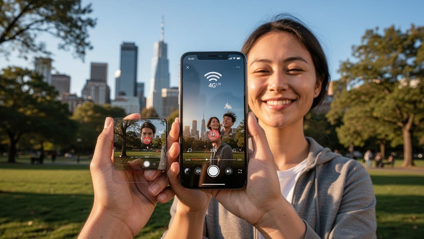 Photorealistic landscape of a person outdoors in an urban park, holding a smartphone displaying a prominent 4G LTE signal icon and smooth video playback without buffering, smiling contentedly amid city skyline, trees, and clear blue sky under natural afternoon sunlight.