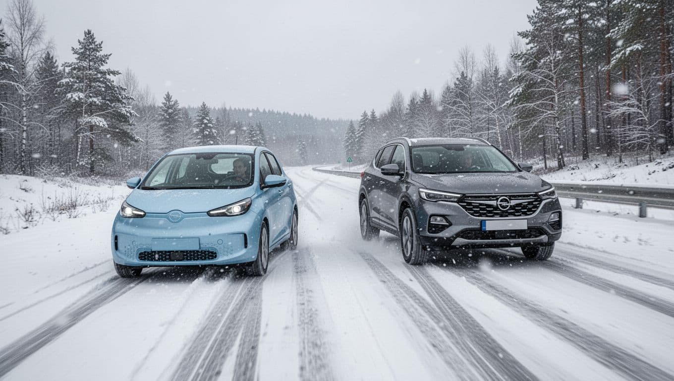 Landscape orientation image of a compact electric hatchback and midsize gasoline SUV driving on a snowy rural highway during winter daytime, with fresh snow on ground and trees, overcast sky, light flurries, tire tracks behind, realistic style focusing on vehicles against winter landscape.