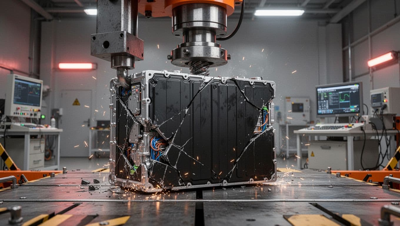 Realistic 3D render of a sodium-ion electric vehicle battery module undergoing crush safety test in a lab, compressed by hydraulic press showing deformation, sparks, and no fire.