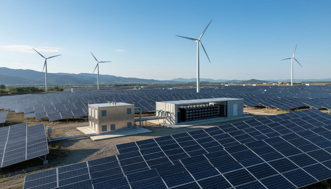Wide sunny landscape of solar panels, wind turbines, battery storage, and control cabinet.