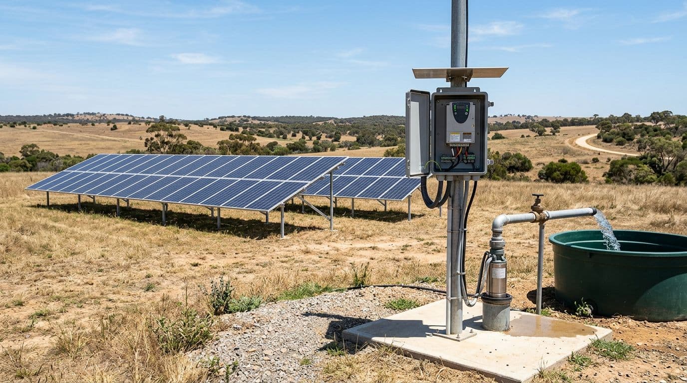 Solar panels in a sunny field power an Altivar Solar ATV320 variable frequency drive connected to a submersible water pump near a well. Realistic industrial landscape photograph showing the full setup in bright natural daylight.