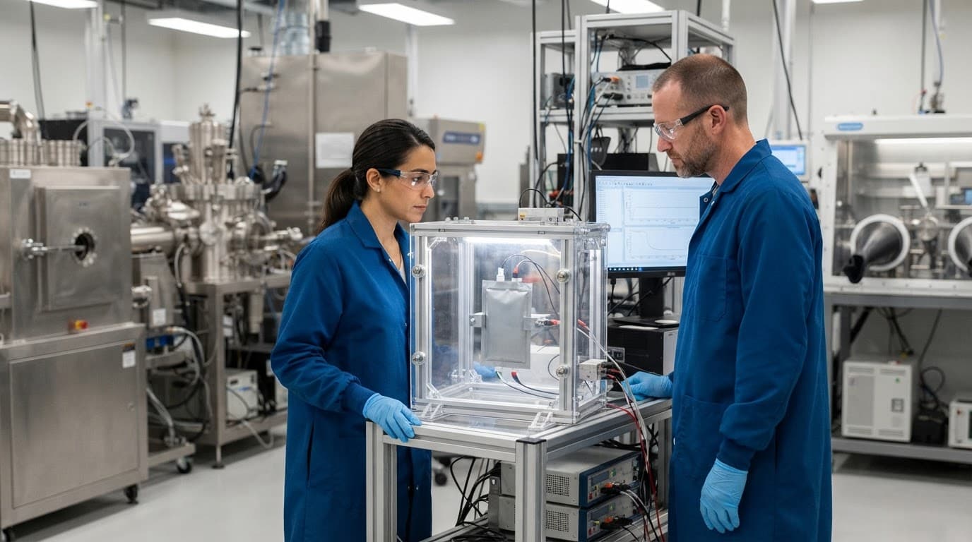 Two researchers examine one pouch cell inside a transparent laboratory testing chamber.