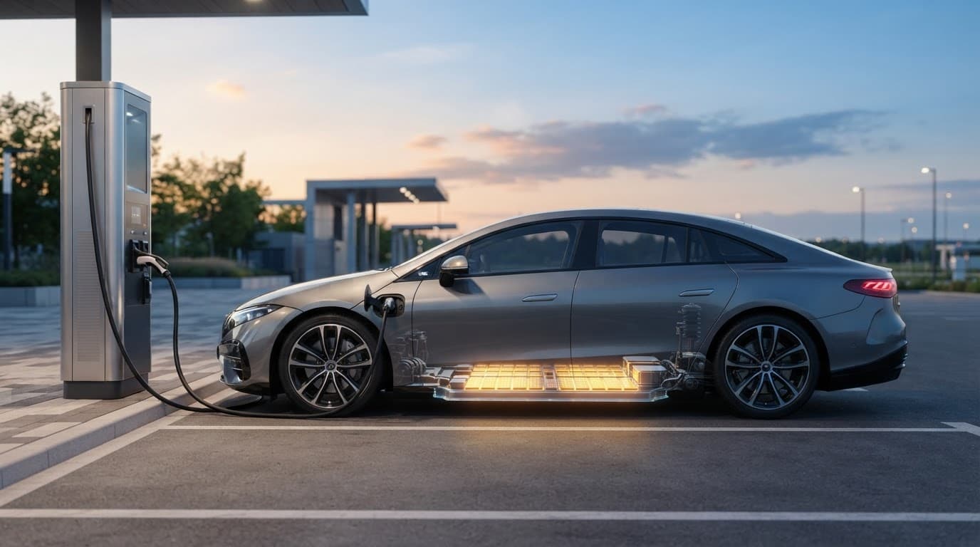Electric vehicle beside a charger with a glowing battery beneath the floor.