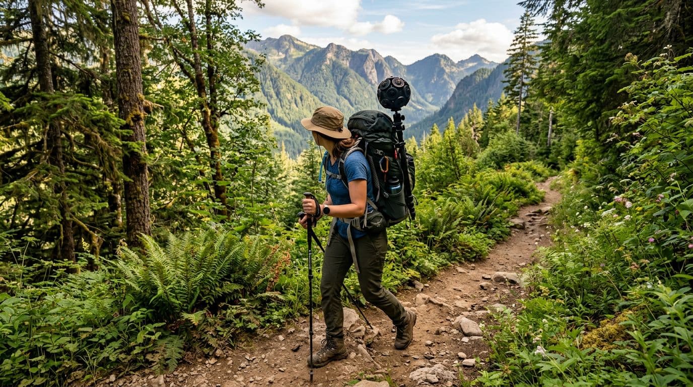A lone trekker in full hiking gear carries a heavy backpack with a 360-degree camera array on their shoulders, hiking a dirt trail through lush green national park forest with distant mountains in sunny afternoon light.