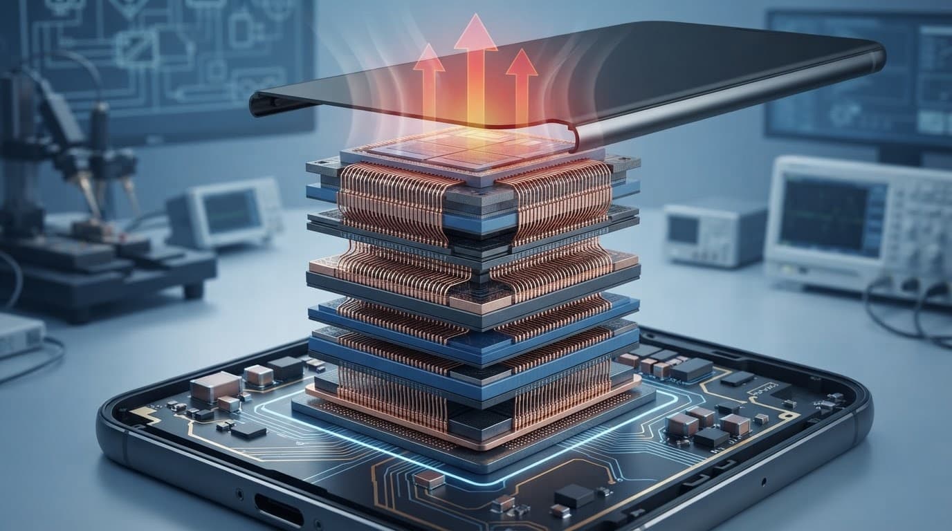 Stacked smartphone processor layers with copper contacts and heat rising through the chassis.