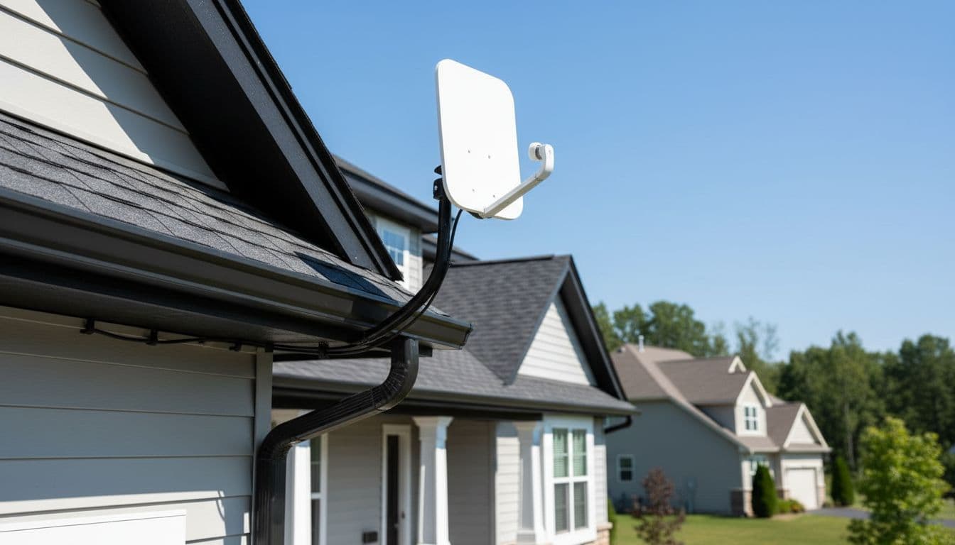 Starlink dish securely mounted on a house exterior using a black fascia mount with neatly routed cable, set against a suburban home background under clear daytime skies.