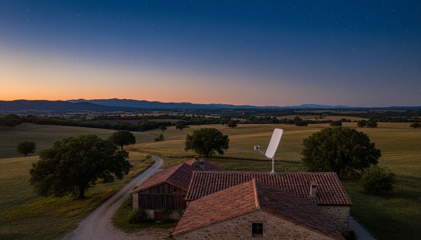 Satellite dish antenna mounted on a rooftop in a rural home setting, clear sky with stars visible at dusk, wide landscape view, realistic photography style.