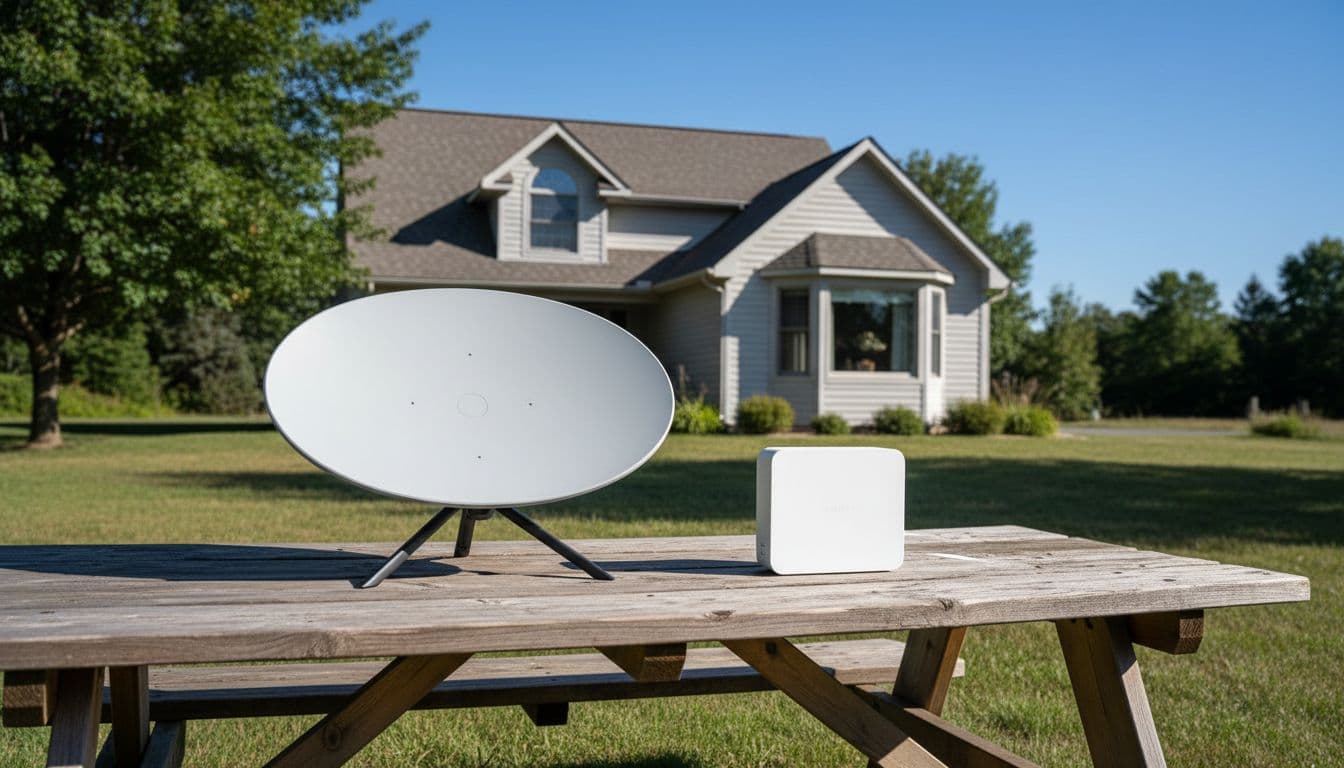 Starlink Generation 3 residential dish kit with router and stand on a wooden table outdoors near a house under clear blue sky in natural sunlight. Realistic photography style, ready for installation, no people or text.