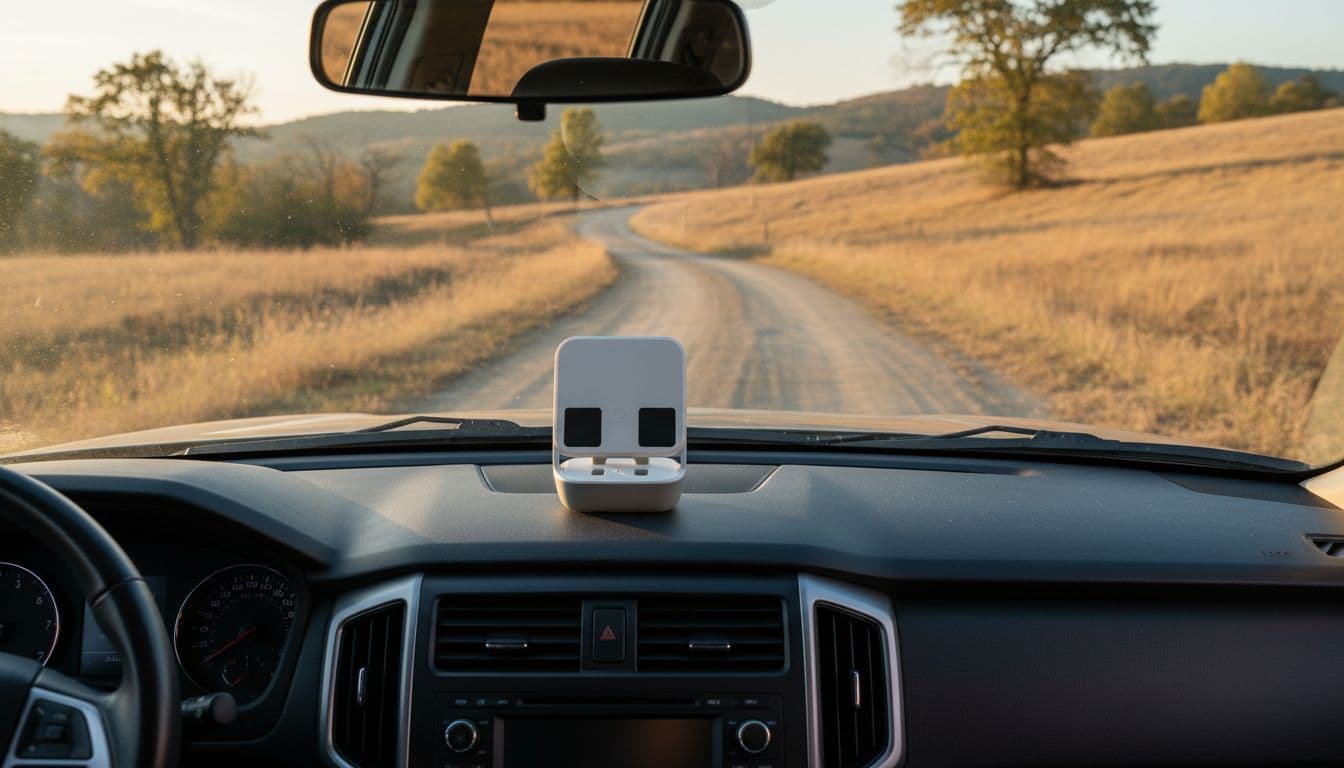 Starlink Mini dish positioned on a car dashboard inside a parked SUV, rural road visible through the window under soft natural light, realistic portable setup for on-the-go use.