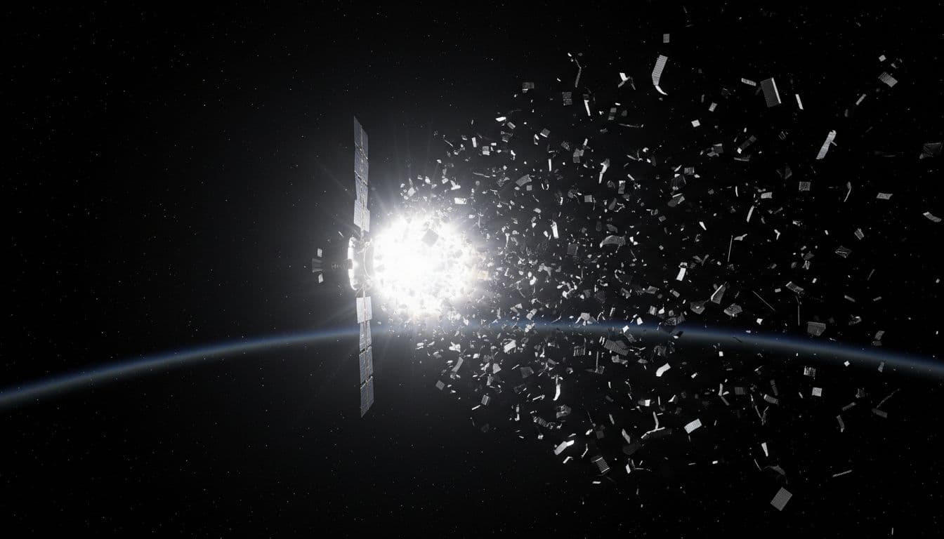 Starlink satellite suffers sudden internal explosion in low Earth orbit, bright energy burst tears structure apart with debris cloud expanding along trajectory against starry space background.