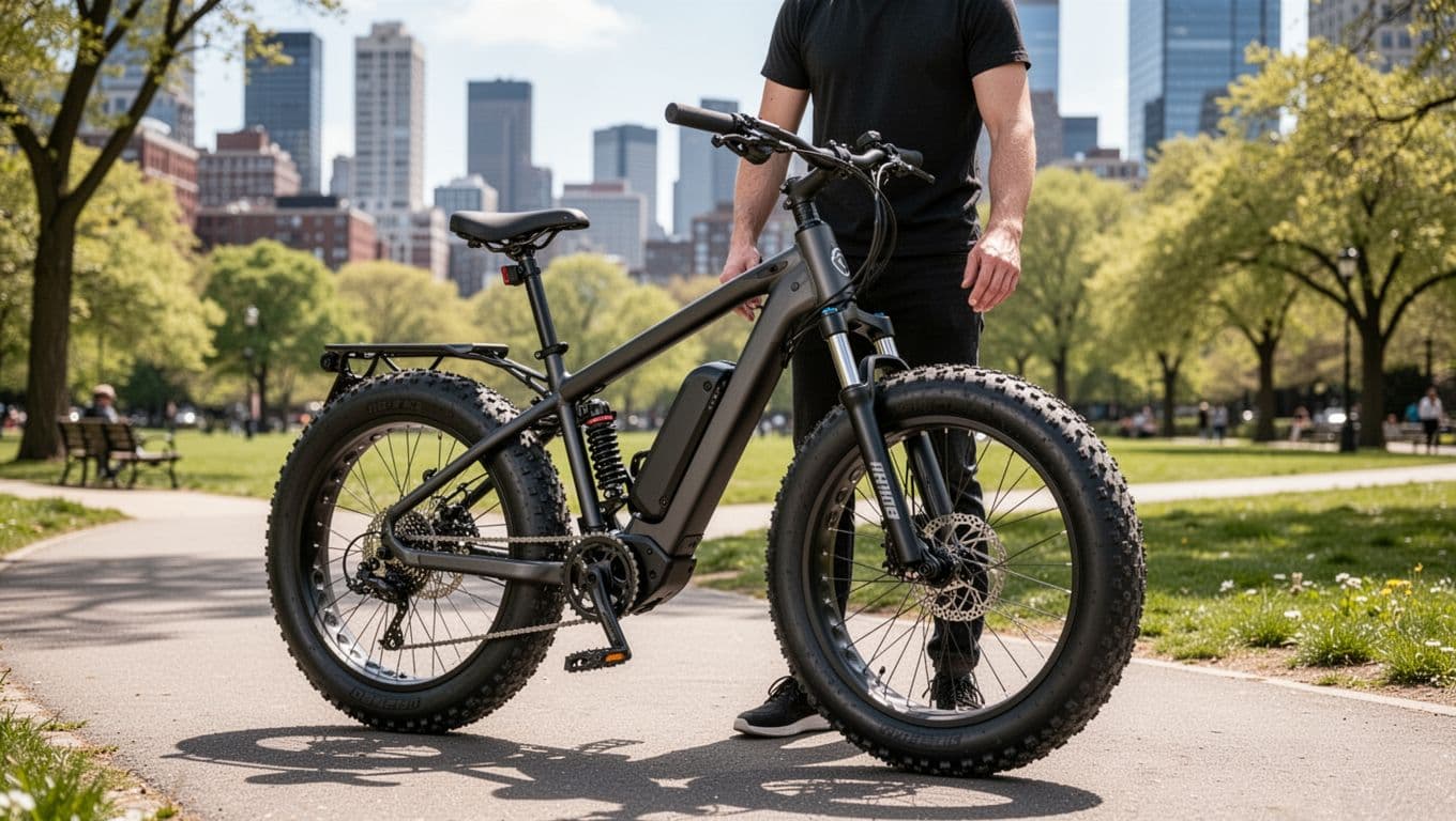 A stylish black matte step-through frame fat-tire electric bike with full suspension is parked on a paved urban path near a park on a sunny day, with one relaxed rider standing beside it ready to mount easily.