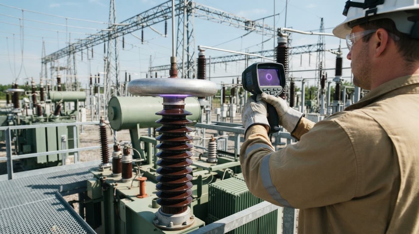 A technician uses a UV camera to inspect a transformer bushing and corona ring outdoors.