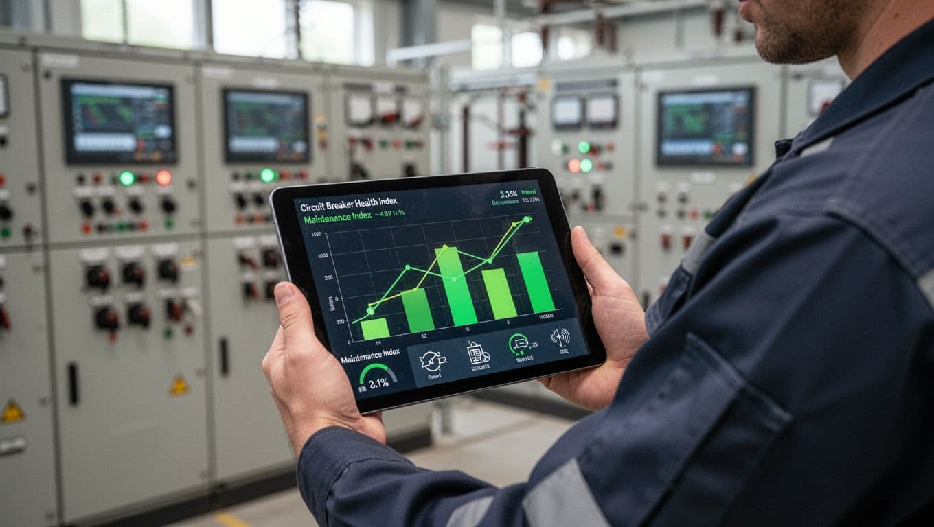 A maintenance engineer in an industrial power substation holds a tablet displaying abstract graphs and metrics for circuit breaker health and maintenance indices, with green bars, trend lines, and icons.