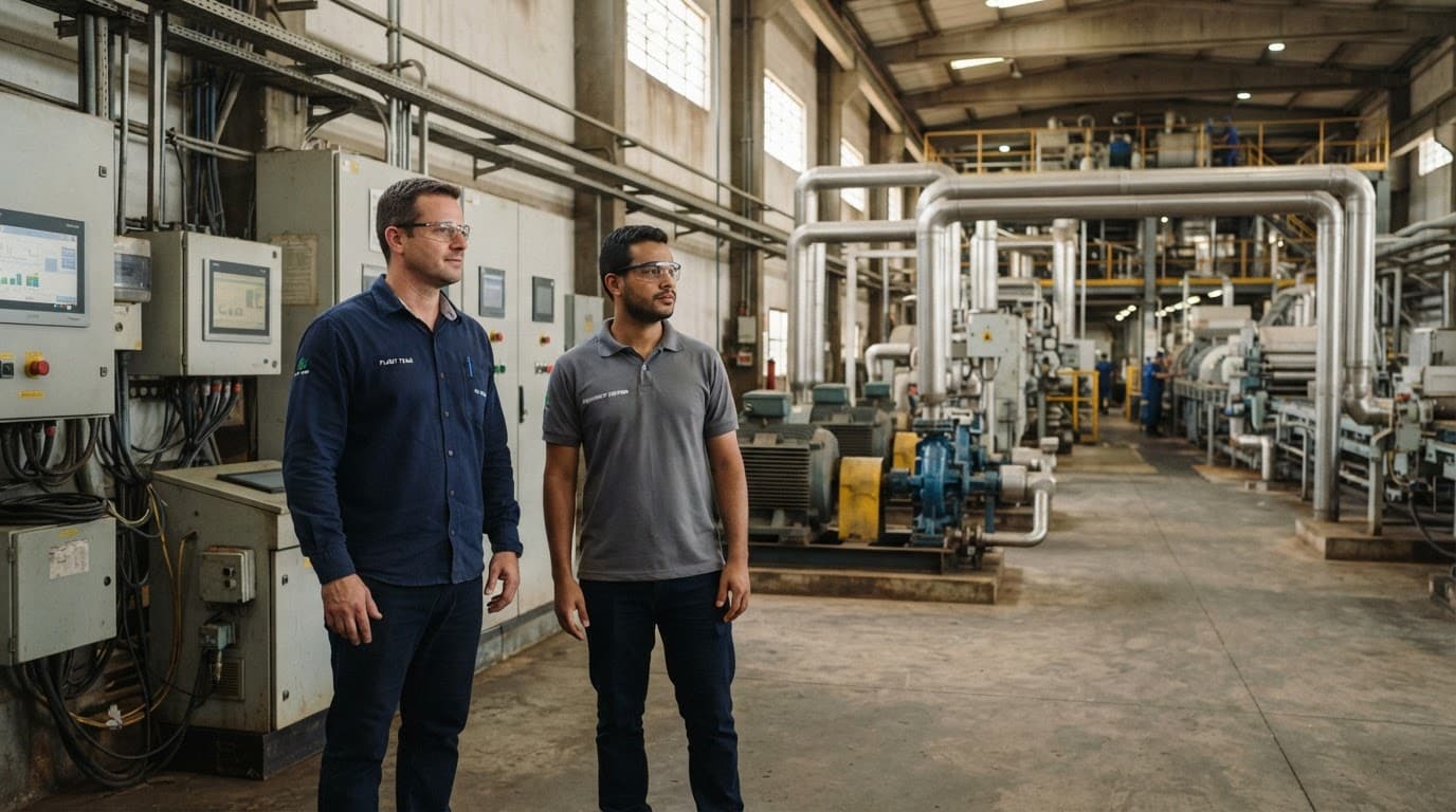Two professionals beside control cabinets and piping inside a sugar and ethanol mill.