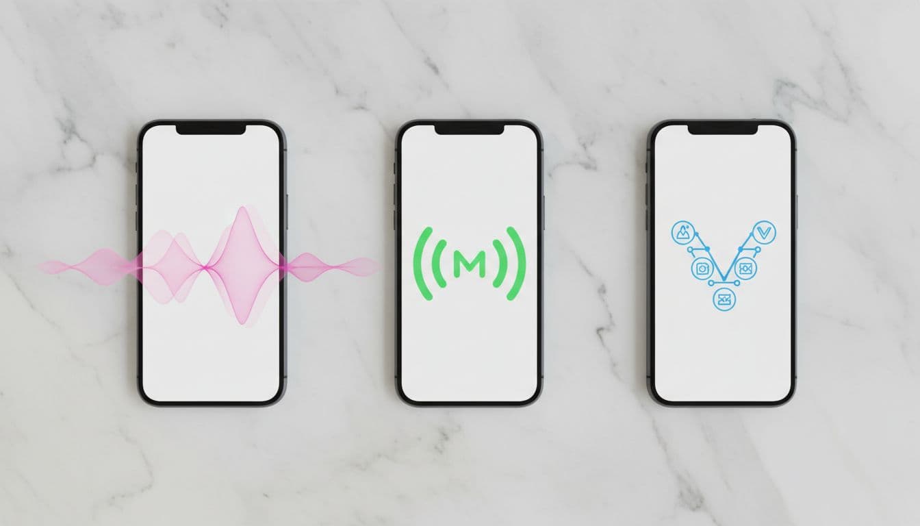 Top-down view of three modern smartphones on a white marble table: left with magenta data waves for T-Mobile prepaid, center with green signal bars for Mint Mobile, right with blue network icons for Visible. Realistic studio photography with soft lighting, no text, logos, or people.