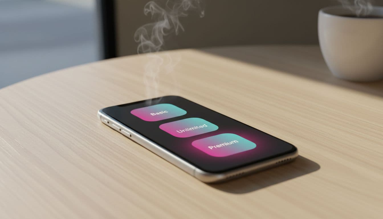 Modern smartphone on a light wooden table in a bright cafe, screen displaying three colorful icons for basic, unlimited, and premium T-Mobile prepaid plans.